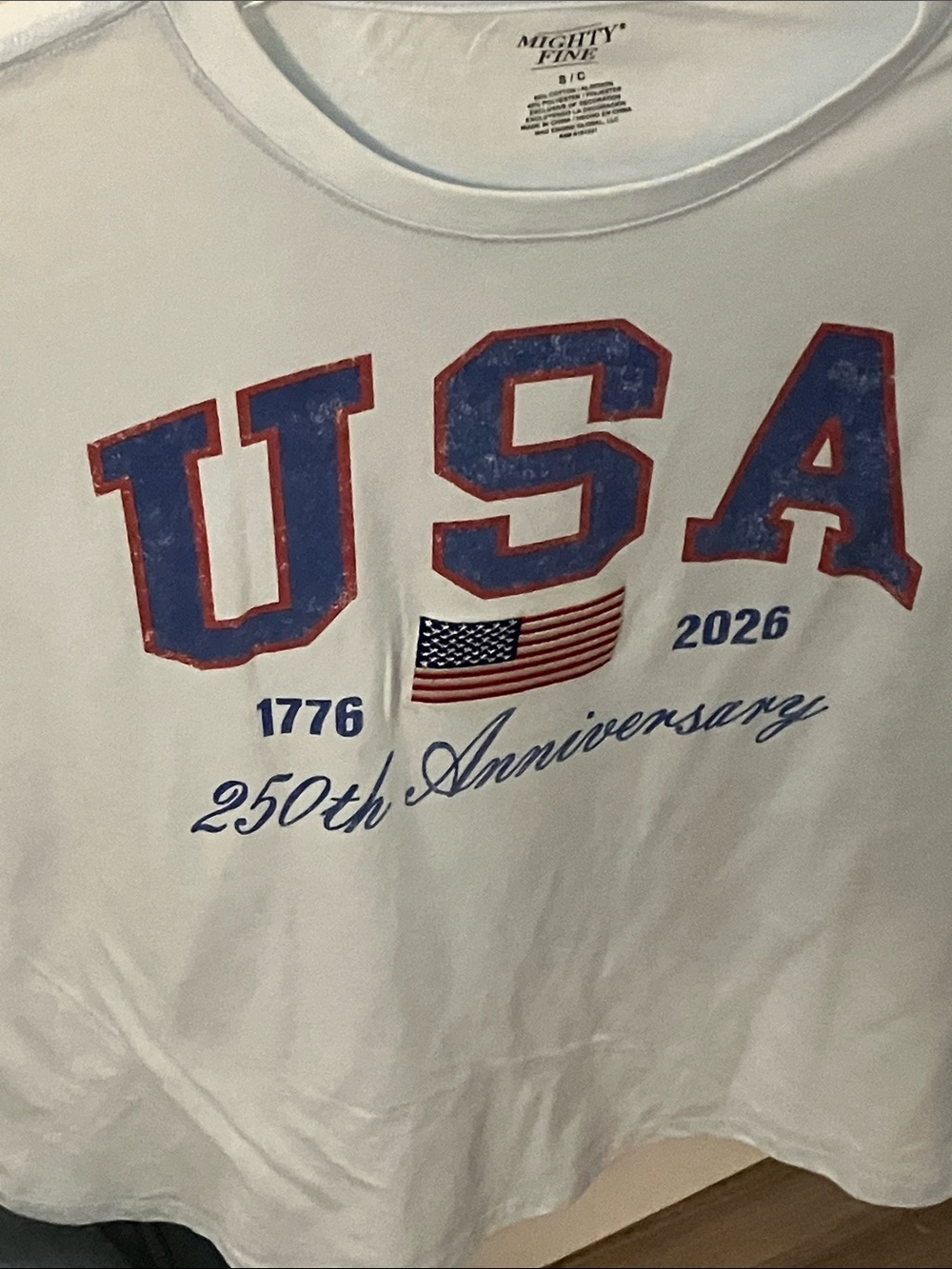 Mighty Fine White Tee with Red & Blue USA Graphic